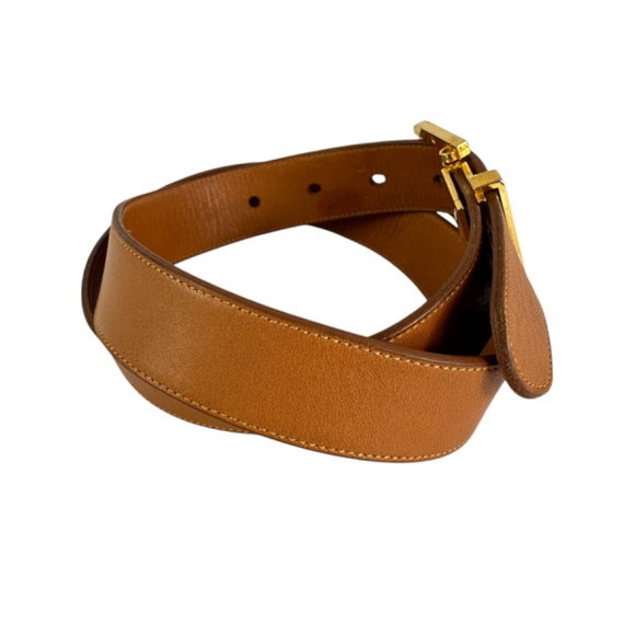 Vintage PIERRE CARDIN Tan Leather Gold Logo Buckle Unisex Belt Size 30 main image 9